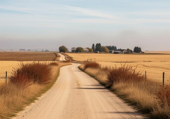 Obraz premium Dusty dirt road winding through golden agricultural fields toward a distant farmstead.