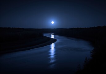 Brilliant full moon casting a bright blue reflection streak on a dark winding river.