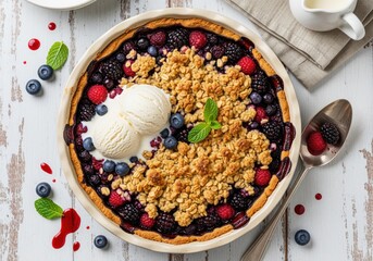 Vibrant mixed berry crumble pie with golden streusel and melting vanilla ice cream