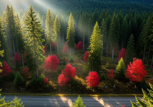 Sun rays illuminate a dense pine forest contrasting with vibrant red autumn trees and a scenic road.