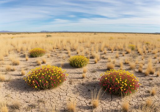 Resilient yellow and crimson flowers blooming on cracked dry earth in arid scrubland - Powered by Adobe
