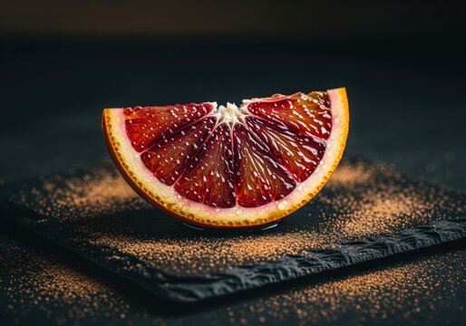 Vibrant blood orange wedge with water droplets on dark slate and cinnamon powder.