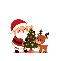 The happiest duo! Cartoon Santa Claus and his adorable reindeer friend are sharing a moment of Christmas cheer while admiring a perfectly decorated little holiday tree