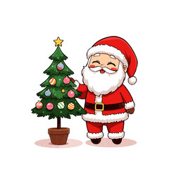 The happiest duo! Cartoon Santa Claus and his adorable reindeer friend are sharing a moment of Christmas cheer while admiring a perfectly decorated little holiday tree