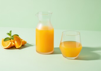 Vibrant orange juice in modern glassware with fresh orange slices and mint leaves