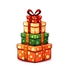 A colorful, towering stack of Christmas gifts, wrapped in vibrant reds, greens, and gold with cheerful polka dots, promises a pile of holiday excitement