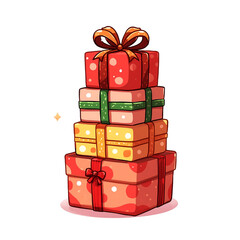 A colorful, towering stack of Christmas gifts, wrapped in vibrant reds, greens, and gold with cheerful polka dots, promises a pile of holiday excitement