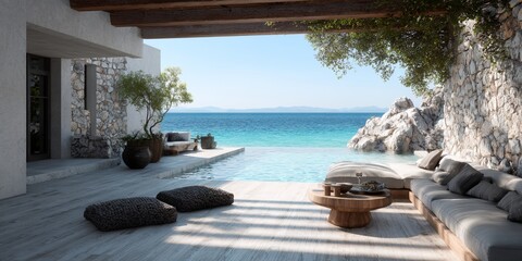 Large pool is in front of a house with a view of the ocean