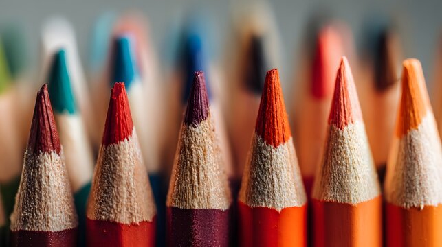 Row of sharpened color drawing implements displayed with sharp tips in focus