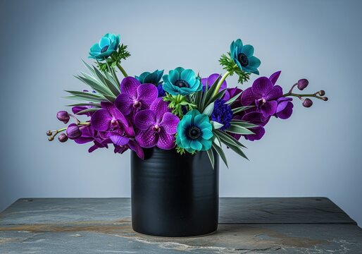 Dramatic modern floral composition of purple vanda orchids and teal blue anemones