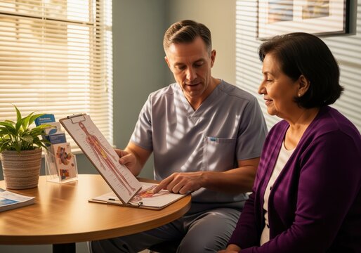 Male physical therapist explains human anatomy diagram to senior woman patient during consultation