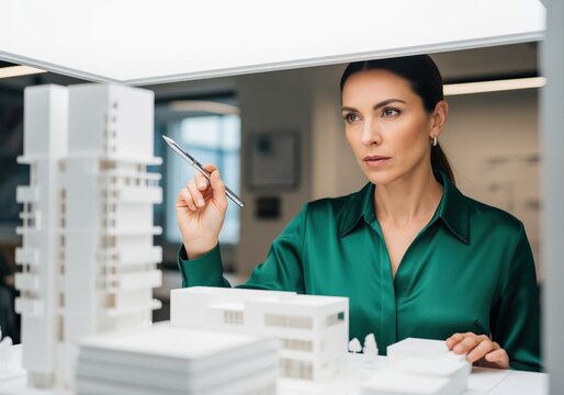 Focused female architect examining a detailed white architectural model in a modern office.