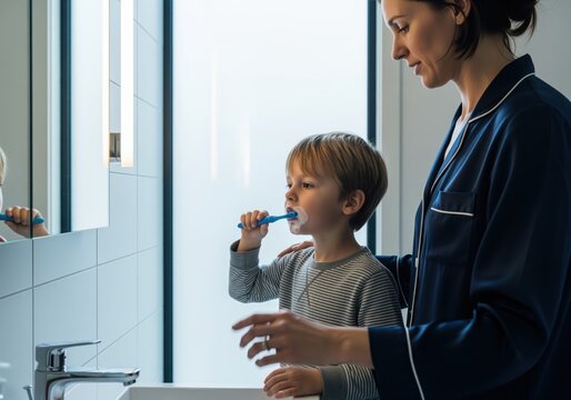 Mother and son brushing teeth together in the morning bathroom routine