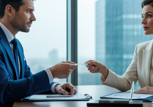 Professional businessman and businesswoman exchanging a business card during a corporate meeting in a modern office.