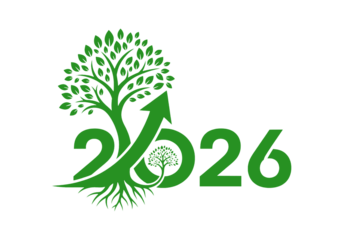 Minimalist 2026 logo featuring a vibrant green tree with roots and an upward arrow, symbolizing growth and progress for the year 2026