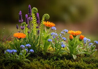 Vibrant wild garden flowers, purple lavender, orange calendula, fern, and blue forget me nots.