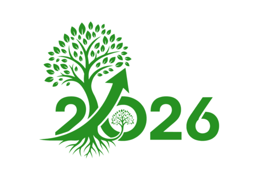 Minimalist 2026 logo featuring a vibrant green tree with roots and an upward arrow, symbolizing growth and progress for the year 2026