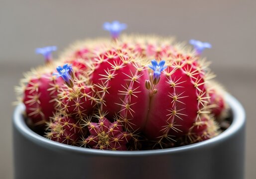 Vibrant fuchsia pink cactus blooming with tiny blue flowers in a small gray pot