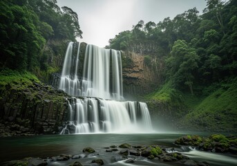 Fototapeta premium Powerful tiered waterfall flowing over dark basalt columns in a dense tropical forest landscape.