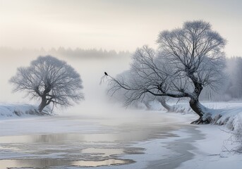 Serene winter landscape with frosted trees along a misty, partially frozen river.