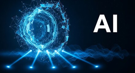 Abstract glowing blue artificial intelligence network visualization with radiating light beams on a dark background