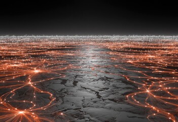 Aerial View of a Cityscape at Night with Glowing Lights and Networks.