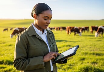 Young black woman farmer using a tablet to monitor cattle on a sunny green pasture.
