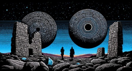Ancient Alien Structures Under a Starry Night Sky.