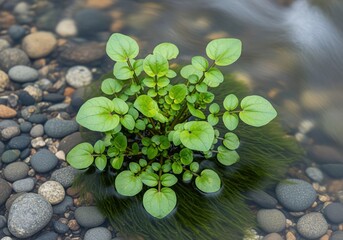 Bright green watercress plant thriving among river stones in shallow stream