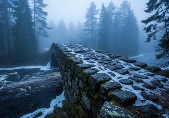 Mysterious stone arch bridge over a dark river in a dense foggy winter forest landscape