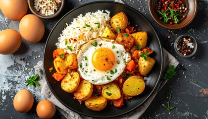 Egg, rice, potatoes atop dark surface
