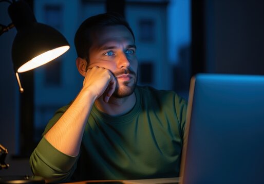 Focused young man working late on laptop in dark home office illuminated by lamp