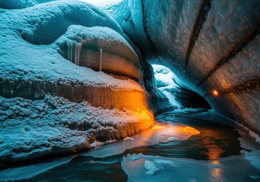 Deep glacier cave interior featuring blue ice walls, frozen stream, and dramatic warm illumination