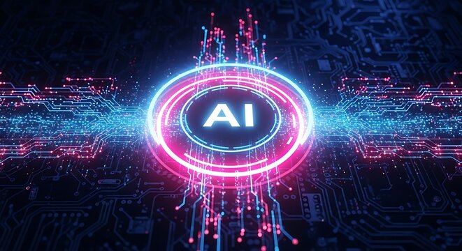 Abstract digital art representing artificial intelligence with glowing neon blue and pink circuits on a dark background, symbolizing advanced technology and data processing