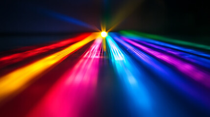 A cube is sitting on a table in front of a colorful background. The cube is made of glass and is reflecting the colorful lights in the background