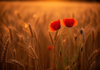 Obraz premium Two vibrant red poppy flowers glowing in a golden wheat field during sunset