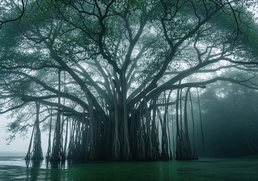 Massive banyan tree with aerial roots submerged in dark foggy swamp water