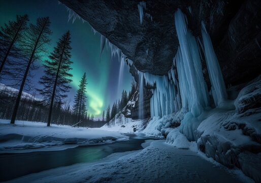 Aurora borealis illuminates a frozen waterfall and massive blue icicles in a winter cave.