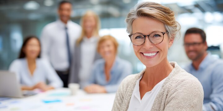 Woman wearing glasses is smiling at the camera - Powered by Adobe