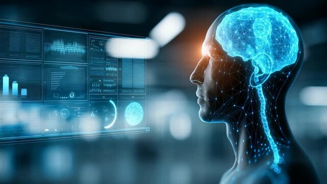 Futuristic artificial intelligence featuring digital human head with glowing neural connections analyzing virtual data. Advanced technology, innovation drive future human machine interaction