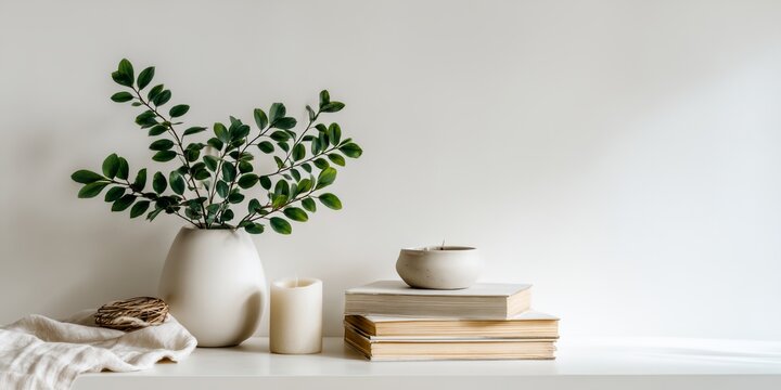 White shelf with a vase, a bowl, and a stack of books
