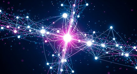 Abstract network of glowing nodes and lines, representing data connections and digital information flow in a futuristic concept