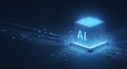 Futuristic ai chip glowing with blue light, symbolizing artificial intelligence and advanced technology on a dark background