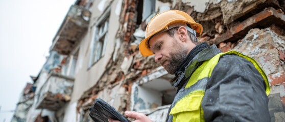 Man in a yellow hard hat is looking at a tablet