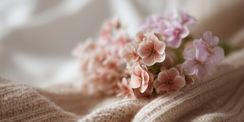 Bouquet of pink flowers is on a white blanket