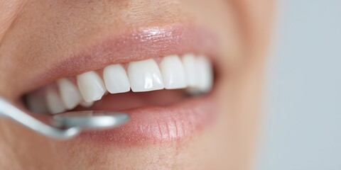 Woman with a white smile and a dental tool in her mouth