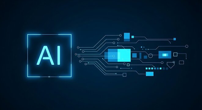 Artificial intelligence concept with glowing ai logo and futuristic circuit board on dark blue background