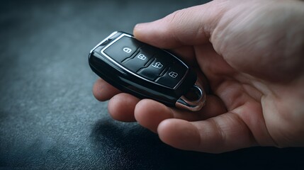 Fototapeta premium Human hand securely holding a modern vehicle remote control fob over a dark surface