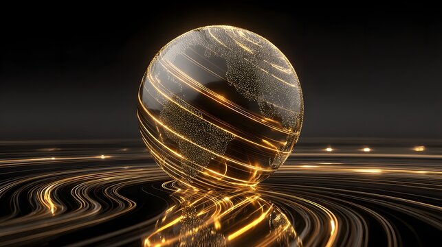 Glowing digital earth sphere rotates amidst swirling golden light trails on a reflective dark surface