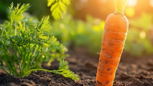 Single orange carrot stands upright in rich soil, sunlit